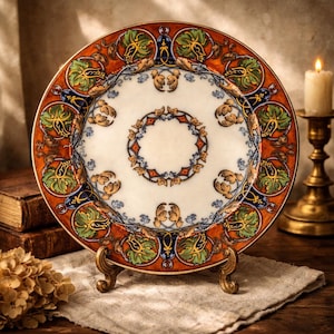 May include: A decorative plate with an ornate design. The plate features a white center with a detailed border of orange, green, blue, and gold floral patterns. The plate is displayed on a gold-colored stand.