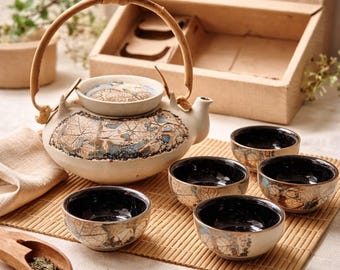 Servizio da tè vintage malese in ceramica Tenmoku con manico in bambù, teiera con smalto craquelé e 5 tazze, completo di scatola originale, regalo a tema tè asiatico.