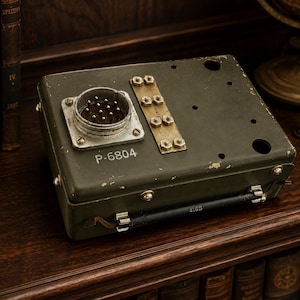 May include: An olive green rectangular metal box featuring a circular multi-pin connector, a brass terminal strip with six nuts, and the text P-6804 printed on the top surface. A black handle is attached to the front side with metal hardware.