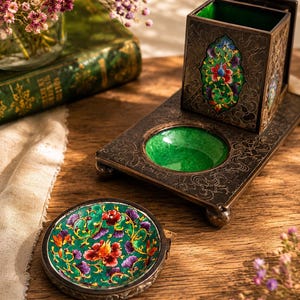 Op de afbeelding: Een antieke bureau set in bronskleur met bloemen emaille details. De set bevat een rechthoekige pennenhouder, een klein rond schaaltje en een dienblad met een groene emaille put. De bloemmotieven tonen rode, paarse en blauwe bloemen op een groene achtergrond.