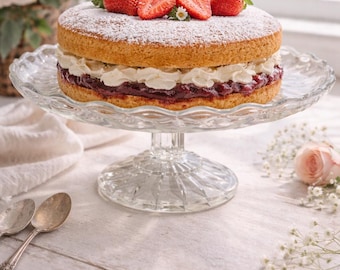 Vintage Pressed Glass Cake Stand | Scalloped Edge Starburst Pedestal Dish