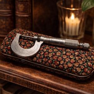 May include: A silver micrometer on a floral case. The case is black with small red, orange, and yellow flowers. The micrometer is a precision measuring tool, used for accurate measurements, likely in engineering or manufacturing.