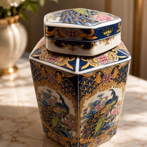 Pode incluir: Um conjunto decorativo de jarro e tampa de cerâmica. O jarro é hexagonal com fundo azul marinho e acabamento dourado. A tampa tem formato de coração. Ambas as peças apresentam desenhos de pavão e florais em tons de azul, rosa e verde.