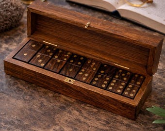 Vintage Wooden Domino Set in Box with Brass Inlay | Retro Travel Game | Coffee Table Decor | Gift for Him | Classic Dominoes