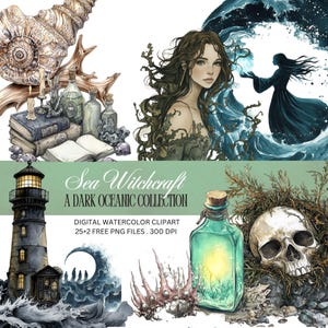 Meer Hexe Clipart PNG für Einladungskarte Design Gothic Meerjungfrau Zauber Kunst Vintage Ozean Ästhetischen Schädel Nautisches Thema Scrapbook Branding