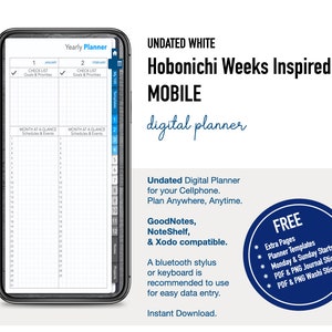 Undated MOBILE WHITE Hobonichi Planner Digital Weeks Inspired -w/Free PNG Stickers Cellphone Pocket Planner Hobo Weeks , 125 pages Dphmc01