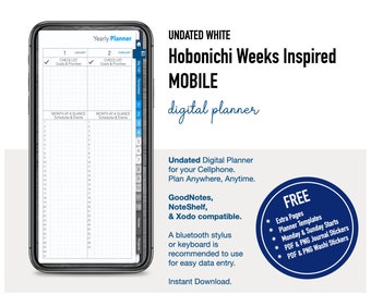 Undated MOBILE WHITE Hobonichi Planner Digital Weeks Inspired -w/Free PNG Stickers Cellphone Pocket Planner Hobo Weeks , 125 pages Dphmc01