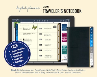 Undated Digital Planner CREAM Traveler's NotebooK - w/FREE Stickers 39Spread Basic Set Slim GoodNotes iPad Noteshelf Planner Dptnc01