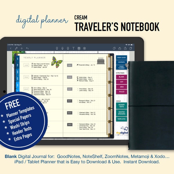 Agenda numérique non daté CREAM Traveler's NotebooK - avec autocollants GRATUITS 39Spread Basic Set Slim GoodNotes iPad Noteshelf Planner Dptnc01
