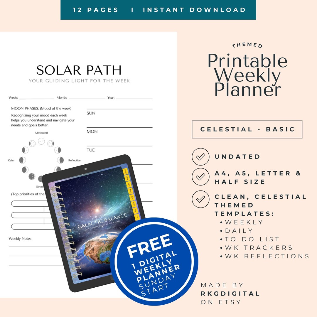 Printable Weekly Planner PDF Celestial Theme Daily Intentions Habit ...