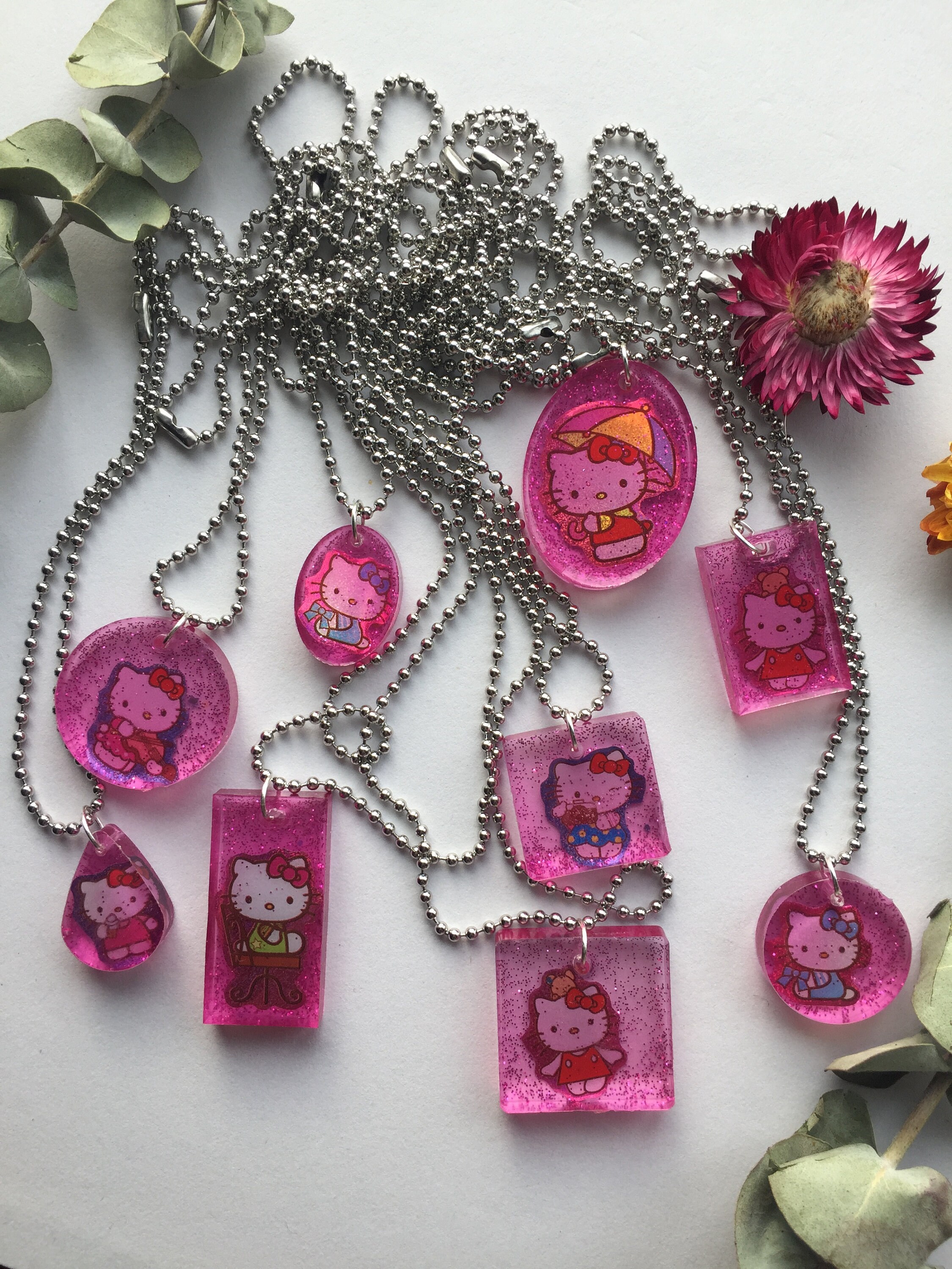 Hello kitty charm necklace / pink resin ball chain jewellery / Etsy