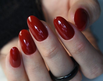 ROJO PROFUNDO / Otoño Otoño / Prensa pintada a mano en las uñas / Uñas postizas PERSONALIZADAS / Stiletto Oval Almond Square Coffin Balerina / Largo Medio Corto