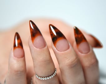 TORTOISE SHELL FRENCH Deep | Glossy | Handpainted press on nails | Stiletto Oval Almond Square Coffin Balerina | Long Medium Short