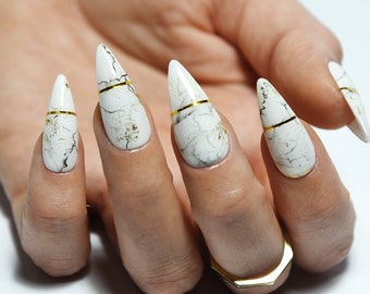 WHITE MARBLE with Gold | WEDDING | Glossy | Handpainted press on nails | Stiletto Oval Almond Square Coffin Balerina | Long Medium Short