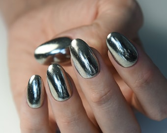 MIRROR CHROME SILVER | Glossy Matte Fake Nail | Handpainted press on nails | Stiletto Oval Almond Square Coffin Balerina | Long Medium Short