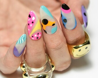 SUMMER ABSTRACT swirl lines | Glossy | Handpainted press on nails | Stiletto Oval Almond Square Coffin Balerina | Long Medium Short