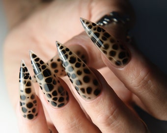 GOTH CHEETAH Nude Black Stains Press On Nails Leopard Dots Stiletto Almond Square Long Short, Reusable, acrylic, goth girl aesthetic, witchy