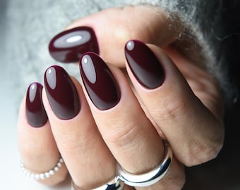 Unhas postiças bordô | Cor vinho, conjunto de unhas reutilizáveis feitas à mão