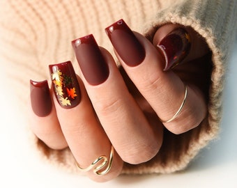 Autumn Fall Leaves - deep brown set of press on nails, glossy french, brown glue on fake nails, acrylic like reusable, long, medium, short