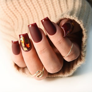 Autumn Fall Leaves - deep brown set of press on nails, glossy french, brown glue on fake nails, acrylic like reusable, long, medium, short