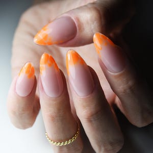 Orange Blooming French Press-On Nails – Almond Shape Gel Tips – Floral Ombre Nail Art – Handmade Reusable Set