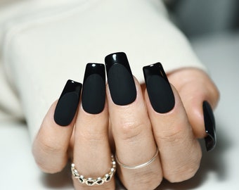 ELEGANT BLACK NAILS | Glossy and Matte French | Handpainted press on nails | Stiletto Oval Almond Square Coffin Balerina | Long Medium Short