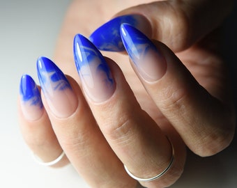BLUE SMOKE ROYAL Nudes, 10 Gel Press On Nails, salon quality acrylic, cobalt summer blue, party nails, gift for mom, almond, stiletto, long