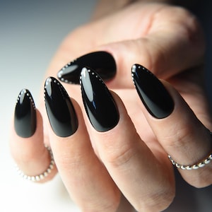 SILVER STUDS Press On Nails, fall dark style, almond, stiletto, oval, coffin, reusable luxury fake glue on nails, acrylic long, short goth
