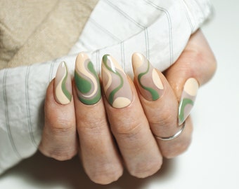 MATCHA & CREAM ABSTRACT swirl lines | Glossy | Handpainted press on nails | Stiletto Oval Almond Square Coffin Balerina | Long Medium Short