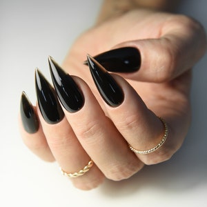 JELLY BLACK Estilo coreano pressione na arte do prego, unhas simples góticas limpas para o outono inverno, unhas de halloween, gótico, stiletto longo médio curto