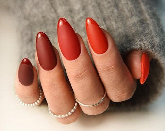 Brown Red Orange Shades matte nails with glossy french - press ons for autumn fall, glue on fake nails, almond, coffin, stiletto, long cozy