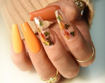 Warm Autumn Shades with Leaves - Pumpkin Long Coffin Press On Nails, fall nails to back to school, deep orange nails, ombre fake nails