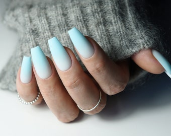 Blue Ombre winter snowy strong as salon acrylic manicure set of 10 gel press on nails with gradient. Reusable natural looking glue on long