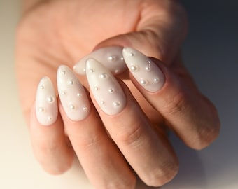 WHITE NAILS y2k PEARLS | Bride | Handpainted press on nails | Fake nails | Stiletto Oval Almond Square Coffin Balerina | Long Medium Short