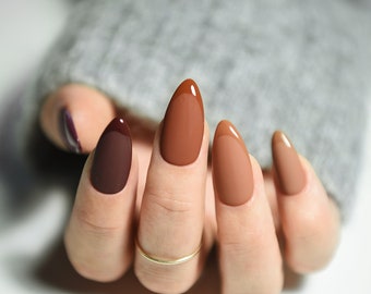 BROWN AUTUMN SHADES | Glossy and Matte French | Handpainted press on nails | Stiletto Oval Almond Square Coffin Balerina | Long Medium Short