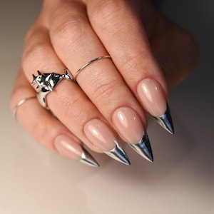 Silver Chrome French Tip Press On Nails - Y2K-Inspired Custom Acrylic Nail Sets, Luxury Stiletto, Coffin, Almond Long Short Fake Nails Set