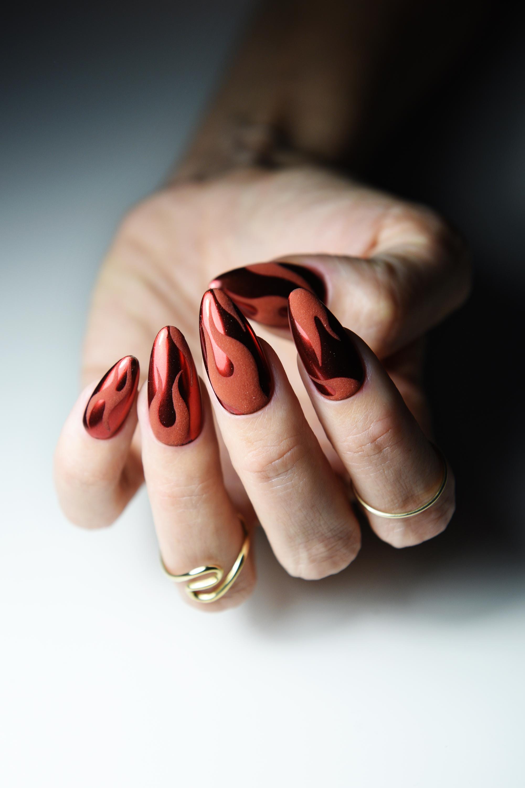 Red Chrome Press on Nails | Matte Flames, Winter Gel Nail Set