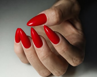 Electrifying Red Press On Nails, Glossy Custom Long Almond, Handmade Gel Nail Set
