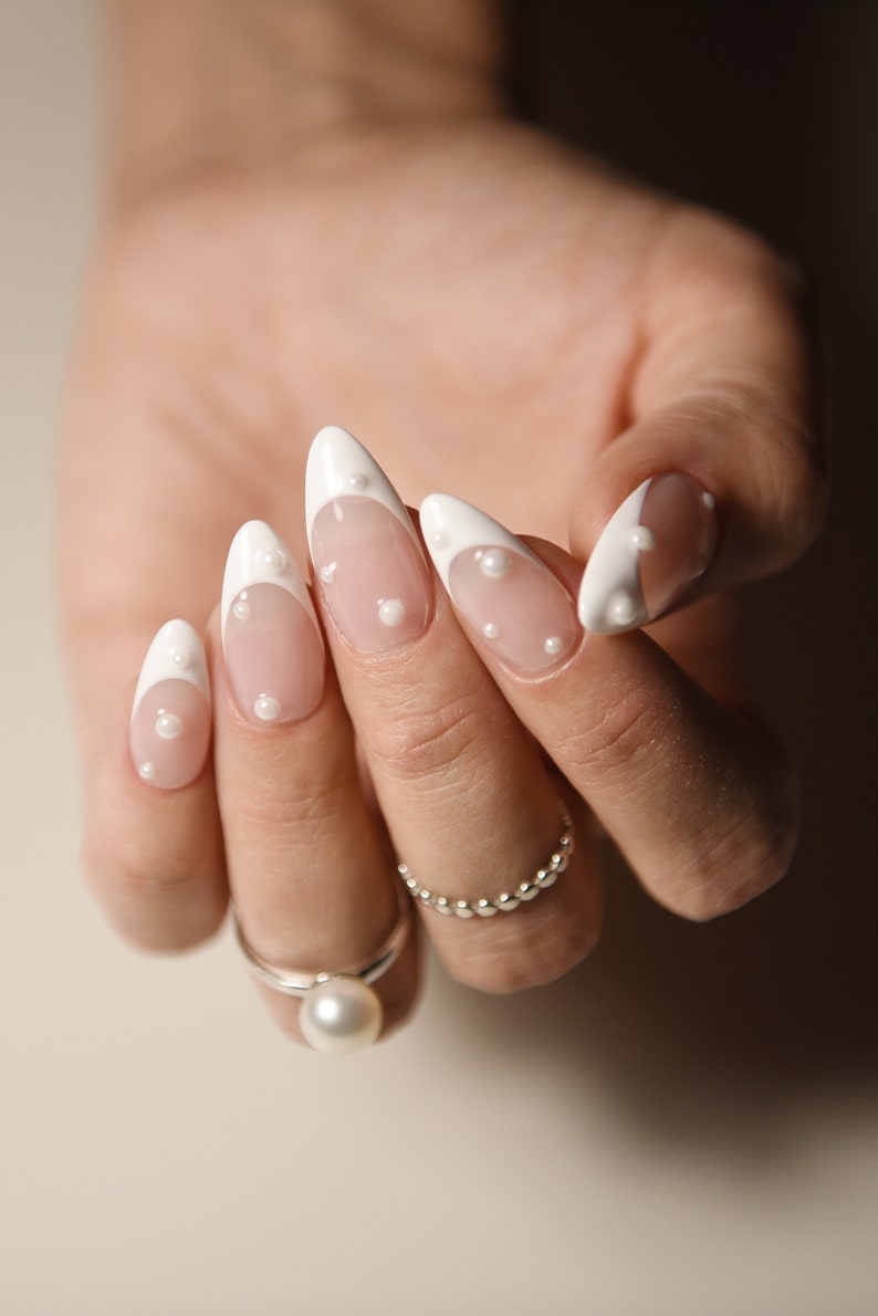 FRENCH & PEARLS Nails Blob Pearl Glossy Handpainted press on nails Stiletto Oval Almond Square Coffin Balerina Long Medium Short image 2