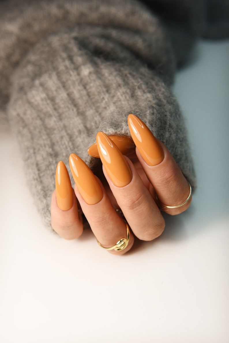 Pumpkin Orange Autumn Fall Home Manicure Long Medium Short Almond Stiletto Coffin Square Women set of reusable Press On Nails image 2