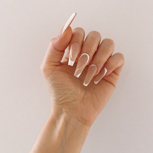 ABSTRACT FRENCH LINES Glossy or Matte Reusable press on nails Stiletto Oval Almond Square Coffin Balerina Long Medium Short image 5