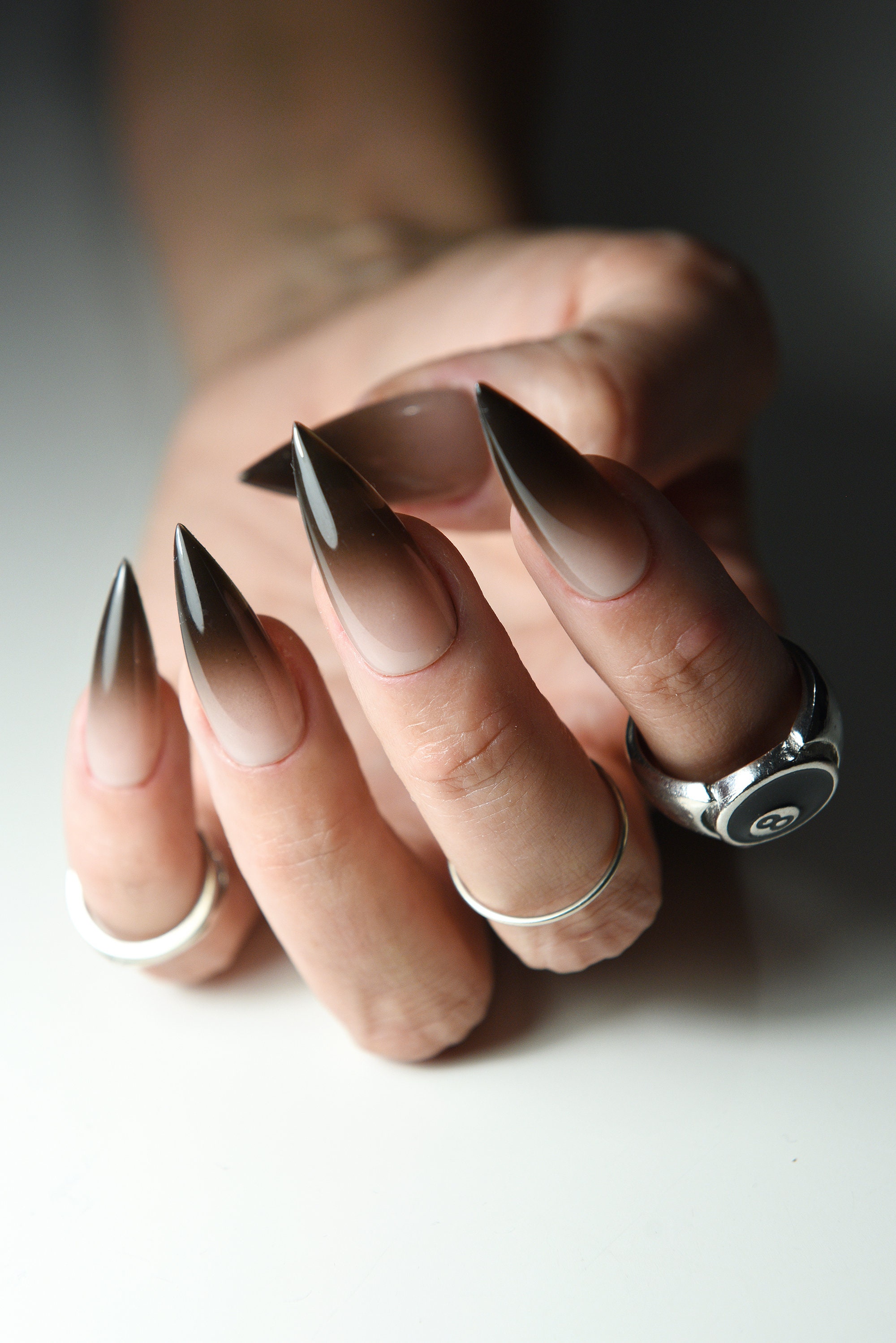 GOTH OMBRE Nude To Black Press On Nails Stiletto Almond Square Long Short, Reusable, acrylic like gothic fake nails, goth girl aesthetic