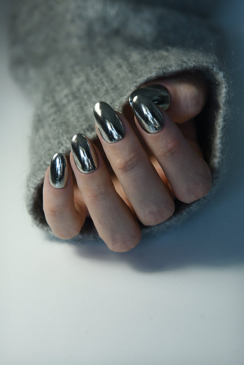 MIRROR CHROME SILVER Glossy Matte Fake Nail Handpainted press on nails Stiletto Oval Almond Square Coffin Balerina Long Medium Short image 2