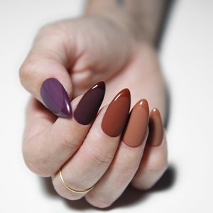 BROWN AUTUMN SHADES Glossy and Matte French Handpainted press on nails Stiletto Oval Almond Square Coffin Balerina Long Medium Short image 2