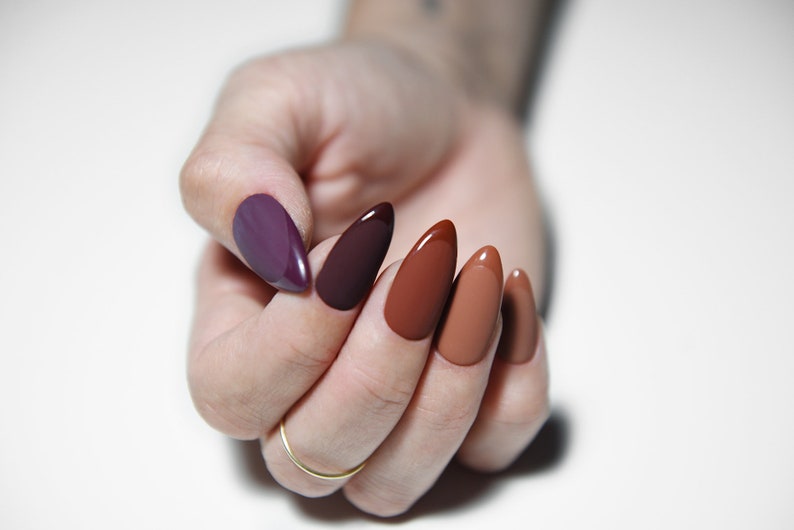 BROWN AUTUMN SHADES Glossy and Matte French Handpainted press on nails Stiletto Oval Almond Square Coffin Balerina Long Medium Short image 2