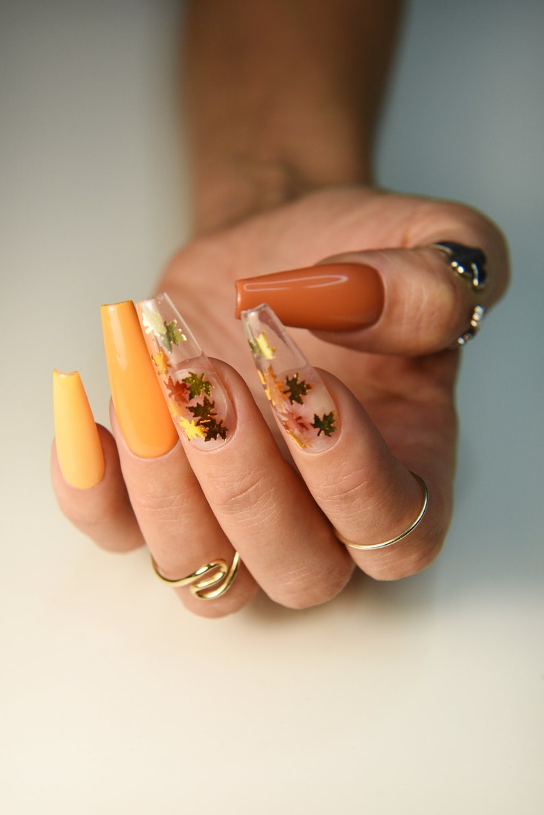 Warm Autumn Shades with Leaves Pumpkin Long Coffin Press On Nails, fall nails to back to school, deep orange nails, ombre fake nails image 3