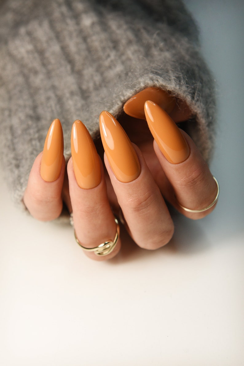 Pumpkin Orange Autumn Fall Home Manicure Long Medium Short Almond Stiletto Coffin Square Women set of reusable Press On Nails image 4