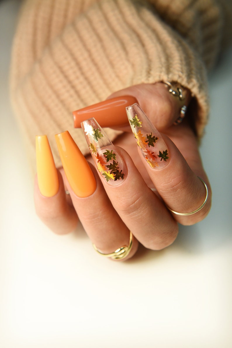 Leaves Orange long coffin press on nails withombre shades