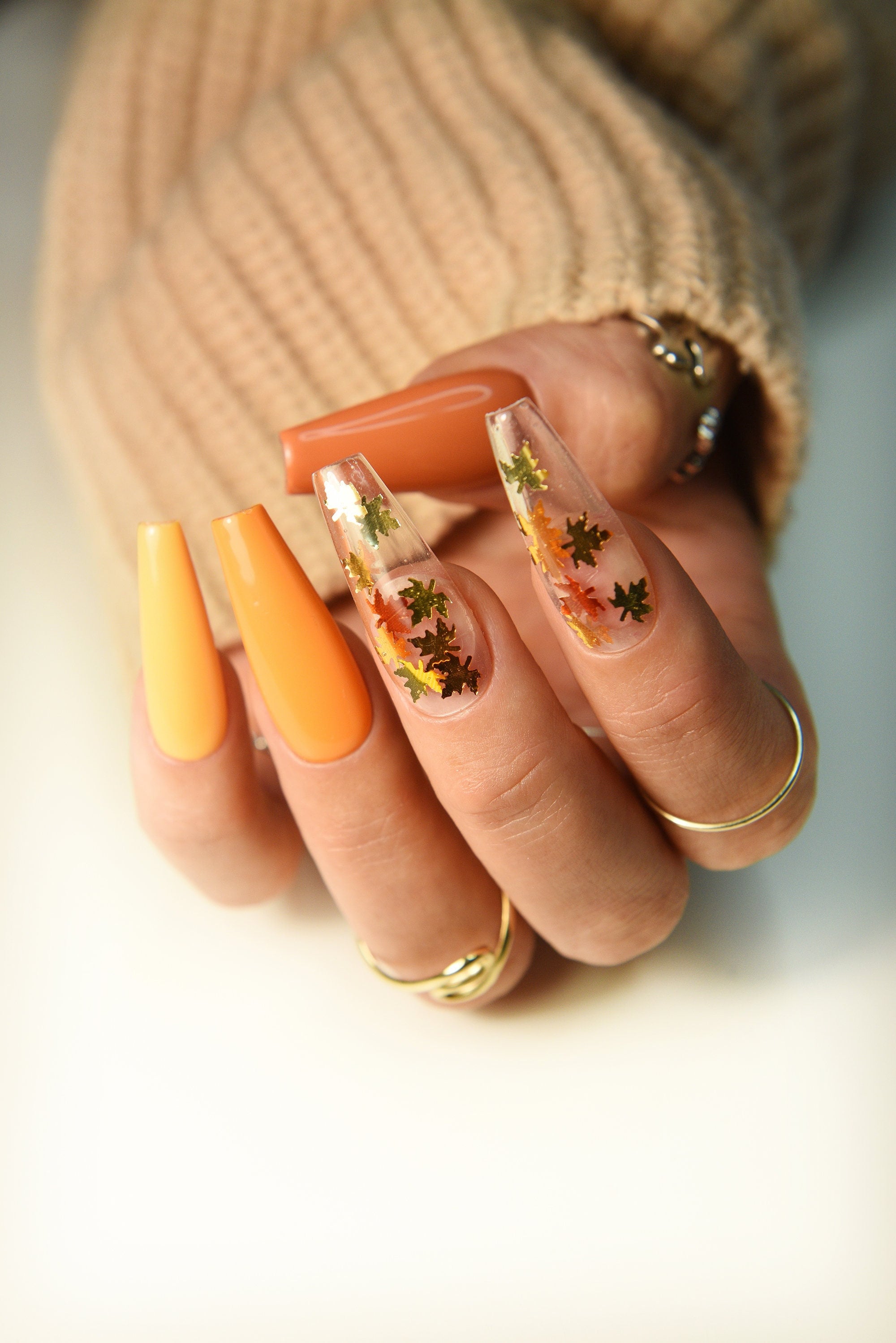 Warm Autumn Shades With Leaves Pumpkin Long Coffin Press on Nails Fall Nails to Back to School Deep Orange Nails Ombre Fake Nails Etsy