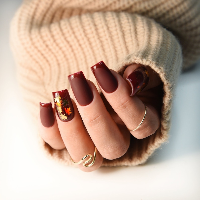 Autumn Fall Leaves deep brown set of press on nails, glossy french, brown glue on fake nails, acrylic like reusable, long, medium, short image 1